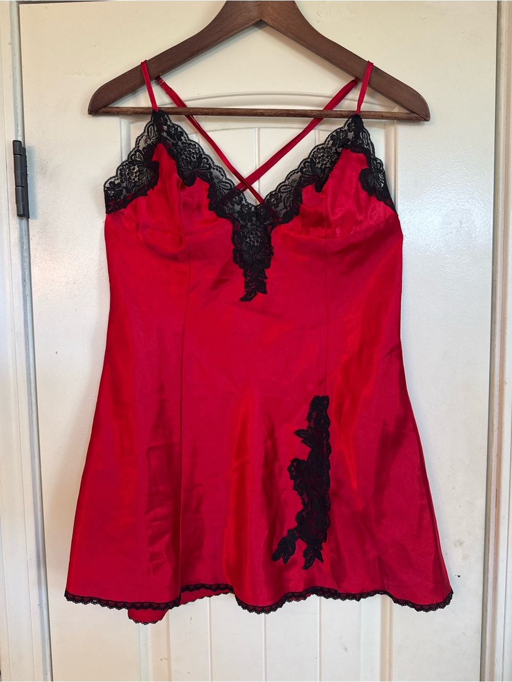 Y2K 2000 Fredrick’s of Hollywood Cherry Red  Lace-Trim Satin Chemise